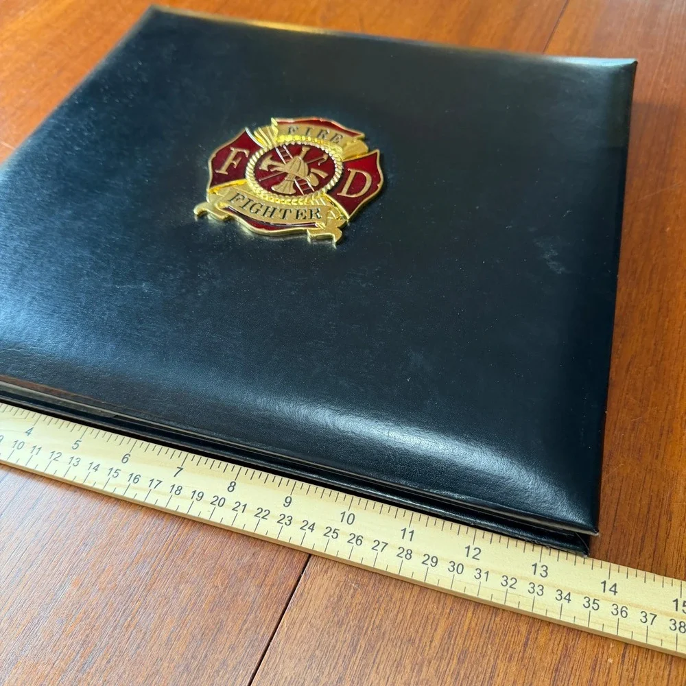 Fire Fighter Black Faux Leather Photo Album Scrapbook Maltese Cross Emblem FD